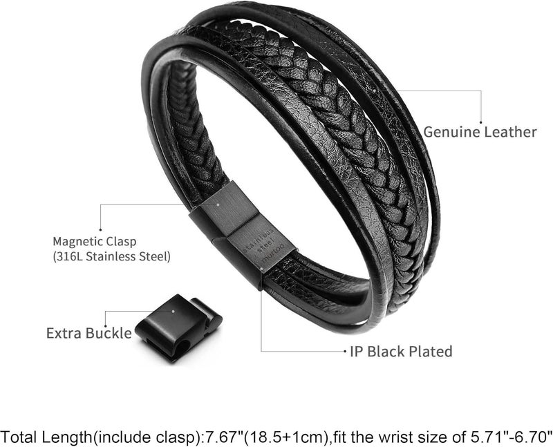 Murtoo Mens Leather Bracelet with Clasp Cowhide Multi-Layer Braided Leather Mens Bracelet - Image 2